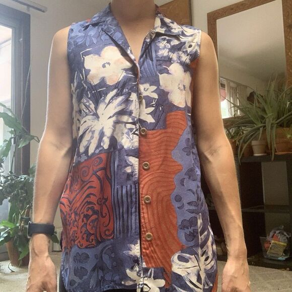 VTG Norton McNaghton (M/L) Top - Button Up Red Blue White Floral Hipster Hippie - Picture 4 of 7